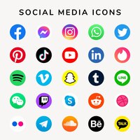 Social media icons vector set with facebook, instagram, twitter, tiktok, youtube logos