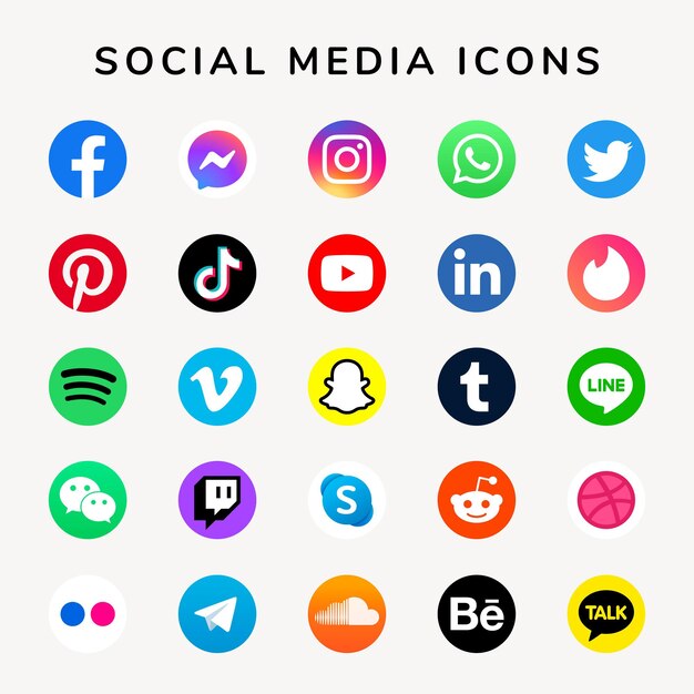 Social Media Icons Vector Set With Facebook, Instagram, Twitter, Tiktok, Youtube Logos