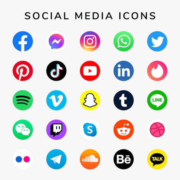 Facebook, Instagram, Twitter, TikTok, YouTube 로고가 있는 소셜 미디어 아이콘 벡터