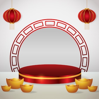 Social media instagram post banner with podium display 3d for chinese new year with money gold