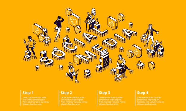 Social media isometric infographic concept with tiny characters using gadgets, working on computer