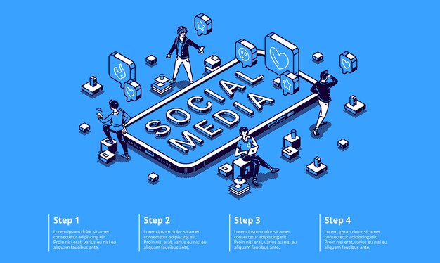 Social media isometric infographic concept with tiny characters using gadgets, working on computer