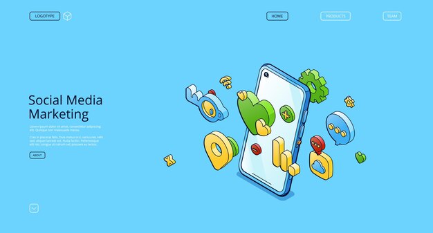 Social media marketing banner. Concept of network advertising, internet marketing. Vector landing page of SMM with isometric mobile phone with icons for social media app