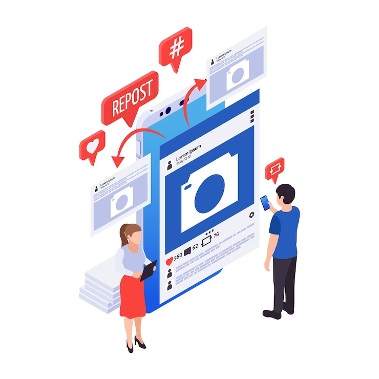 Free Vector social media marketing color icon with internet post repost characters 3d