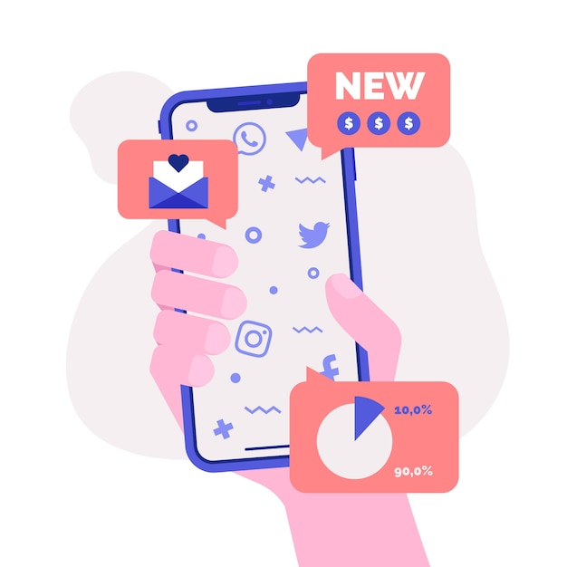 無料ベクター ソーシャルメディアマーケティングの携帯電話のコンセプト