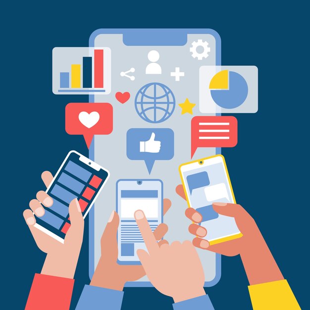 social media people holding phones marketing concept