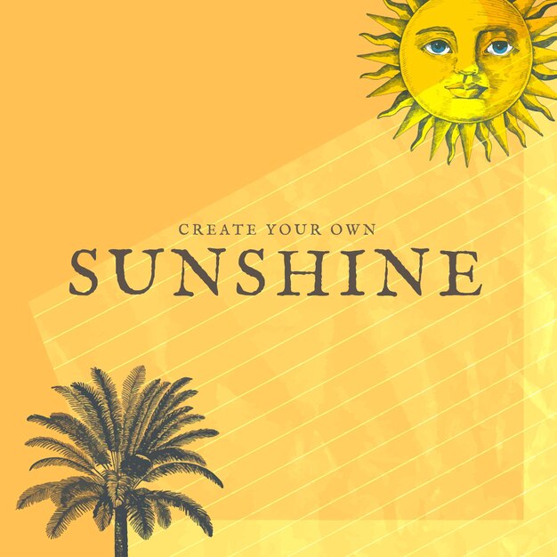 Social media post template with sun and palm tree mixed media, remixed from public domain artworks