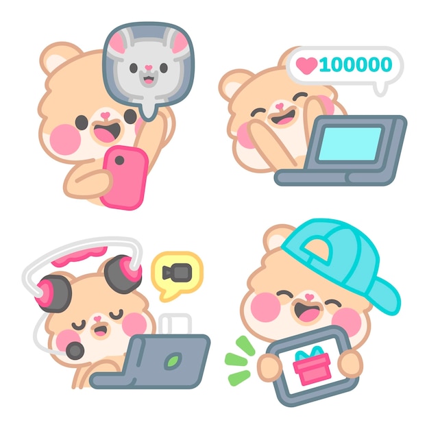 Free vector social media stickers collection with kimchi the hamster