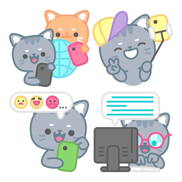 Social media stickers collection with tomomi the cat