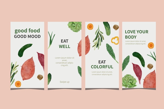 Social media story template collection with eatercolor vegetable illustration