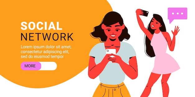 Social network horizontal banner with female characters holding smartphones