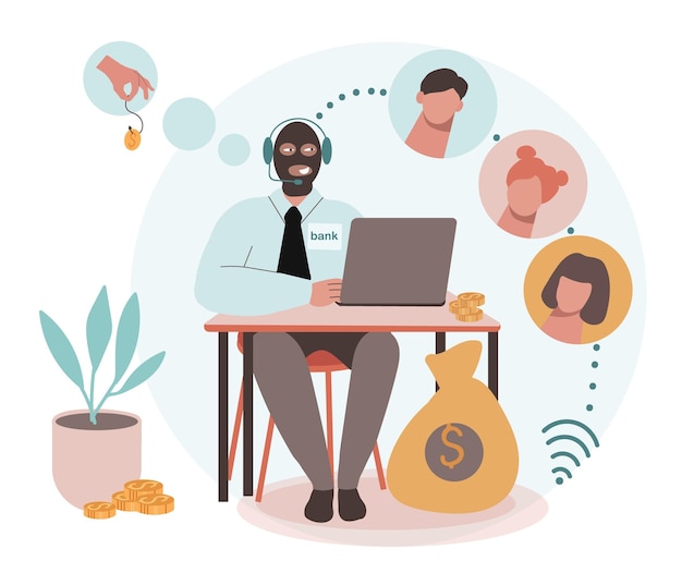 Free vector social network security flat composition with character of scammer sitting at office workplace communicating with workers vector illustration