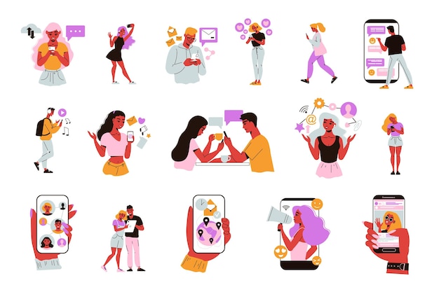 Social network set di icone isolate con mani umane che tengono smartphone con caratteri e segni di doodle illustrazione vettoriale
