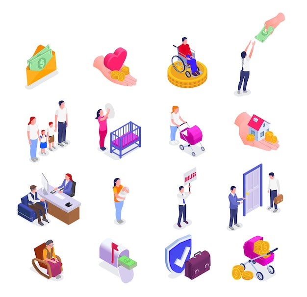 Free vector social security unemployment family benefits isometric set of isolated money and shield icons with human characters vector illustration