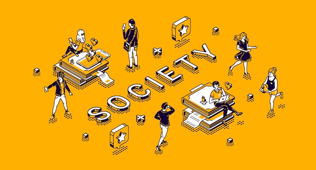 Society isometric concept with tiny characters living routine. people using gadgets, engage sports activity, communicate in internet networks, studying and working 3d line art illustration