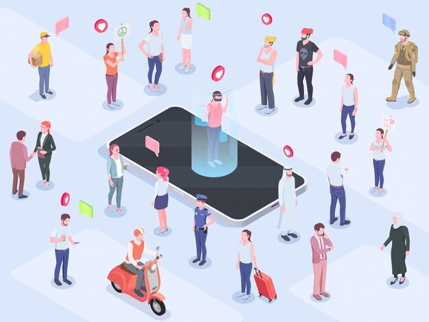 Society people isometric concept with composition of human characters emoticon pictograms thought bubble pictograms and phone vector illustration
