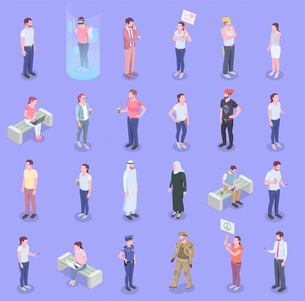Free vector society people isometric set with isolated human characters of people representing different population groups with shadows vector illustration