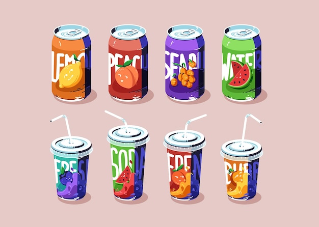 Soda cups and cans set, drinks of various flavors
