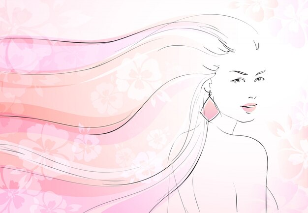 Мягкий цветной фон с молодой девушкой и длинными волнистыми волосами векторной иллюстрации