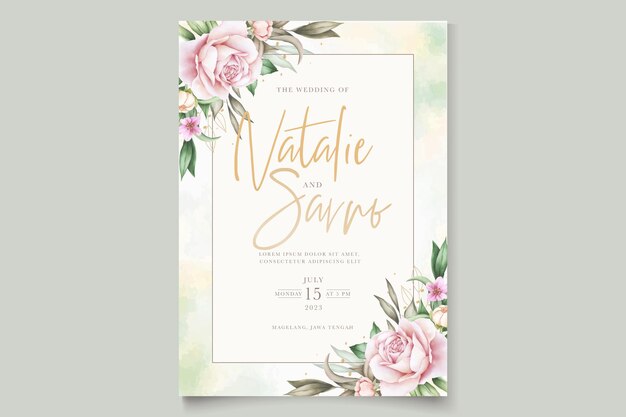 Soft color peonies and roses watercolor invitation card set