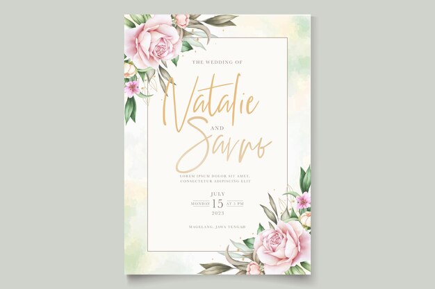 柔らかい色の牡丹とバラの水彩画の招待カードセット