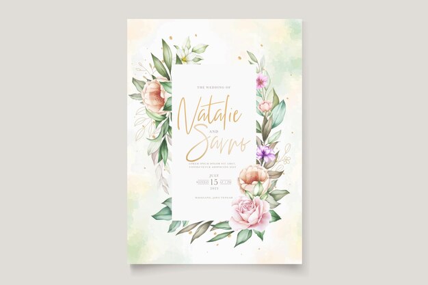 柔らかい色の牡丹とバラの水彩画の招待カードセット