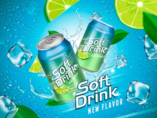 Soft drink contained in metallic cans with lemon and ice cube elements, light blue background
