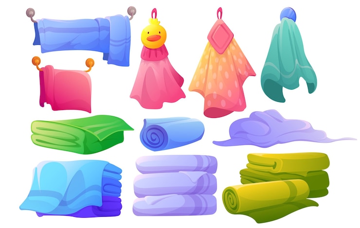 मुफ़्त वेक्टर soft fabric towels hanging on dryer, lying, folded in stack and rolled. vector cartoon set of cloth towels and textile napkin for hands, body, spa and bathroom isolated on white background