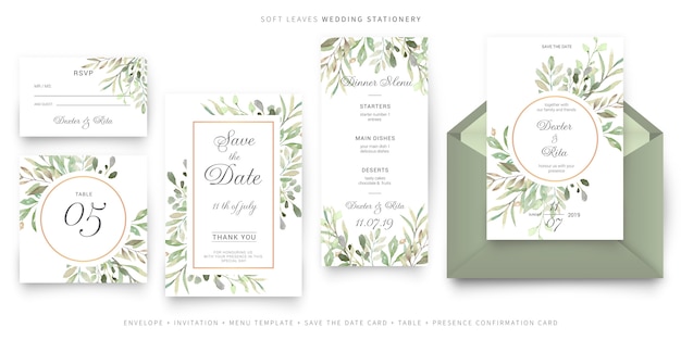 Vettore gratuito soft leaves wedding stationery