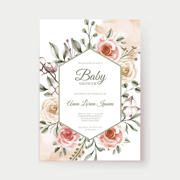 Soft Pink Peach Pastel Watercolor Floral Bohemian Baby Shower Invitation Template