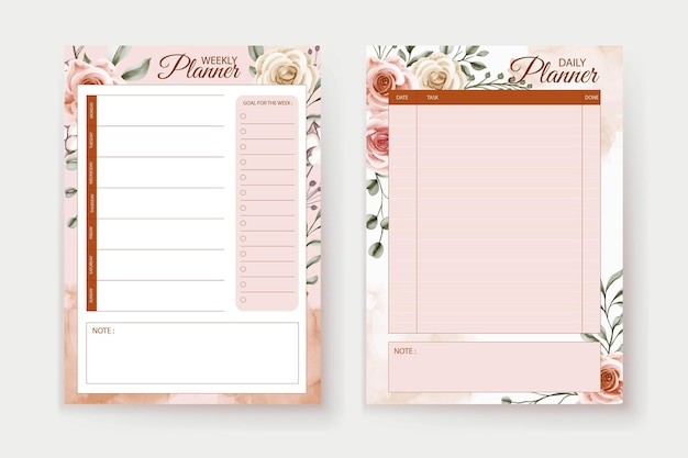 Soft pink peach pastel watercolor floral bohemian weekly planner template