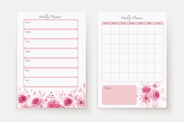 Soft pink watercolor flower weekly planner and to do list template