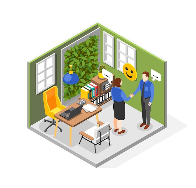 Soft skills isometric composition with two office workers communicating shaking hands 3d vector illustration