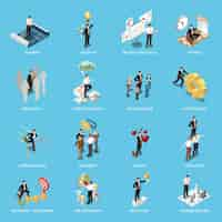 Free vector soft skills isometric concept icon set with planning creativity presentation skills patience personality stress tolerance and other descriptions vector illustration