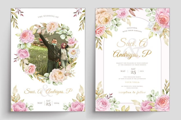 Free vector soft watercolor floral and leaves invitation card