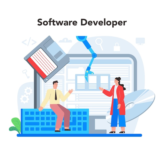 Software developer concept idea of programming and coding system development digital technology software developing company writing code isolated vector illustration