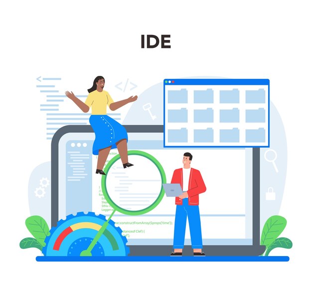ソフトウェア開発者のオンラインサービスまたはプラットフォームプログラミングとシステムコーディングのアイデアソフトウェア開発会社IDEフラットベクトル図