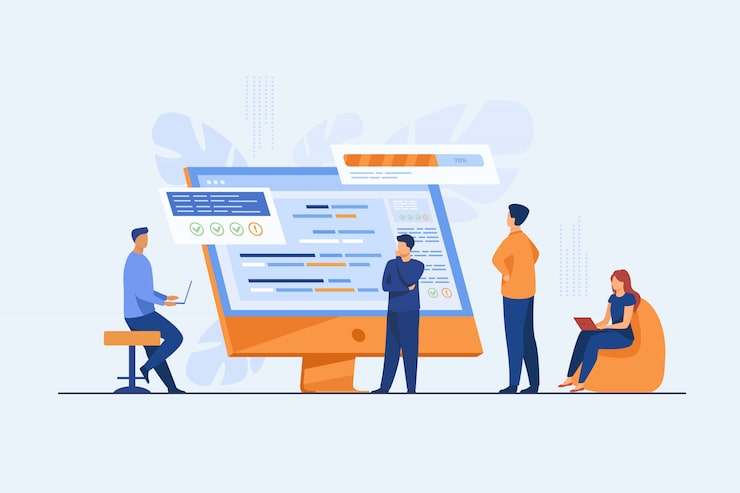 Free Vector software developers programming on computer with script