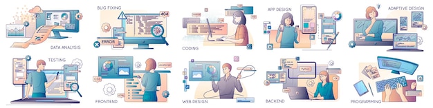 Software development backend data analysis app design frontend testing flat set with programmers during their work isolated vector illustration