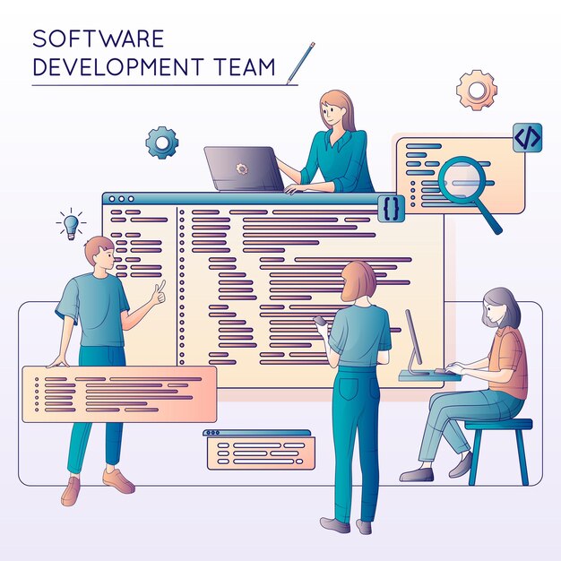 Software development flat line composition with doodle human characters computer windows lines of code and gears vector illustration