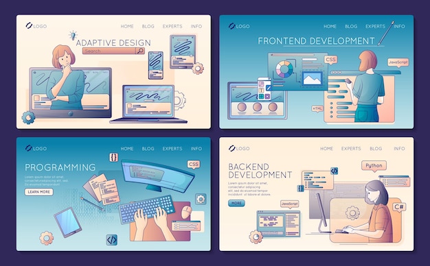 Free vector software development flat line set of web site landing pages with clickable links text and images vector illustration