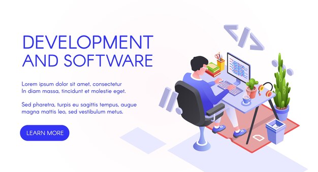 Software development illustration of web developer or programmer at computer. 