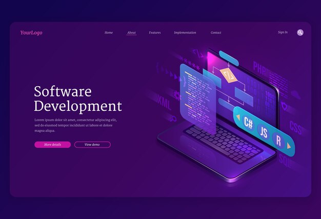 software development isometric landing page. website or program coding cross platform, algorithm programming languages interface on computer screen, technology process, app creation 3d banner