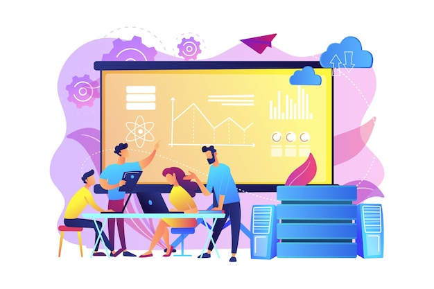 Free vector software engineer, statistician, visualizer and analyst working on a project. big data conference, big data presentation, data science concept. bright vibrant violet  isolated illustration