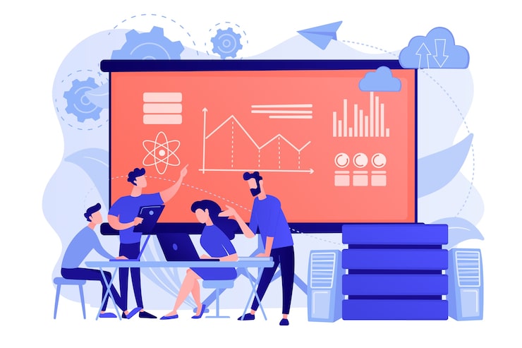 Free Vector software engineer, statistician, visualizer and analyst working on a project. big data conference, big data presentation, data science concept
