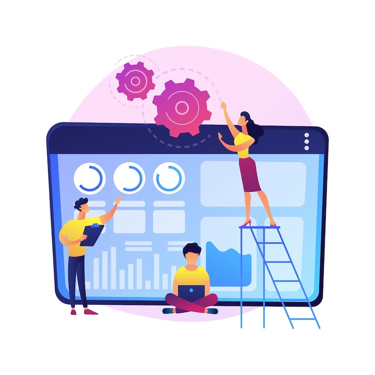 Free Vector software renovation, app development, programming. computer programs modernization and innovation. programmers team cartoon characters .