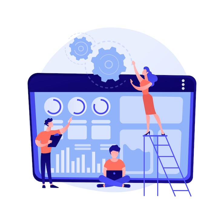 Free Vector software renovation, app development, programming. computer programs modernization and innovation. programmers team cartoon characters.