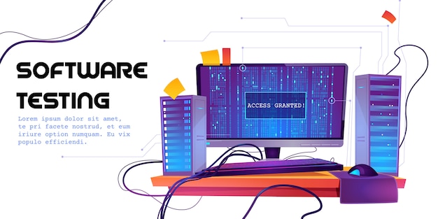 Free vector software testing cartoon banner. functional test, methodology of programming, search errors and bugs, website platform development, dashboard usability optimization for computer pc illustration