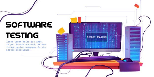 Software testing cartoon banner. Functional test, methodology of programming, search errors and bugs, website platform development, dashboard usability optimization for computer pc illustration