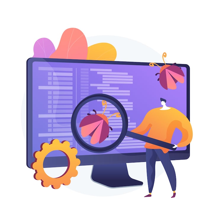 Free Vector software testing. programmer cartoon character with magnifier looking for defects in programme, application. software bugs, errors, risks. vector isolated concept metaphor illustration